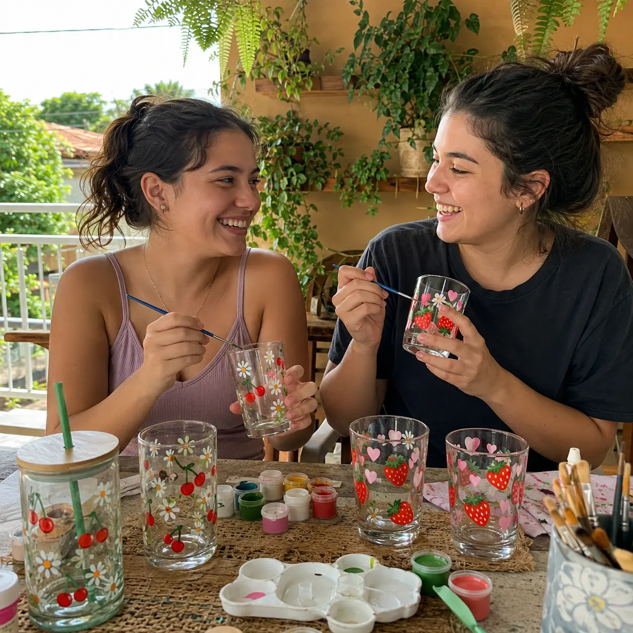 Duas jovens pintando taças com margaridas e cerejas na varanda